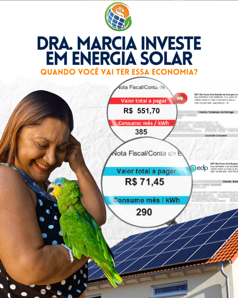 Hoje, um ano após a instalação, Márcia celebra uma drástica redução em suas despesas mensais. Com o sistema fotovoltaico, suas contas caíram para R$ 75,49